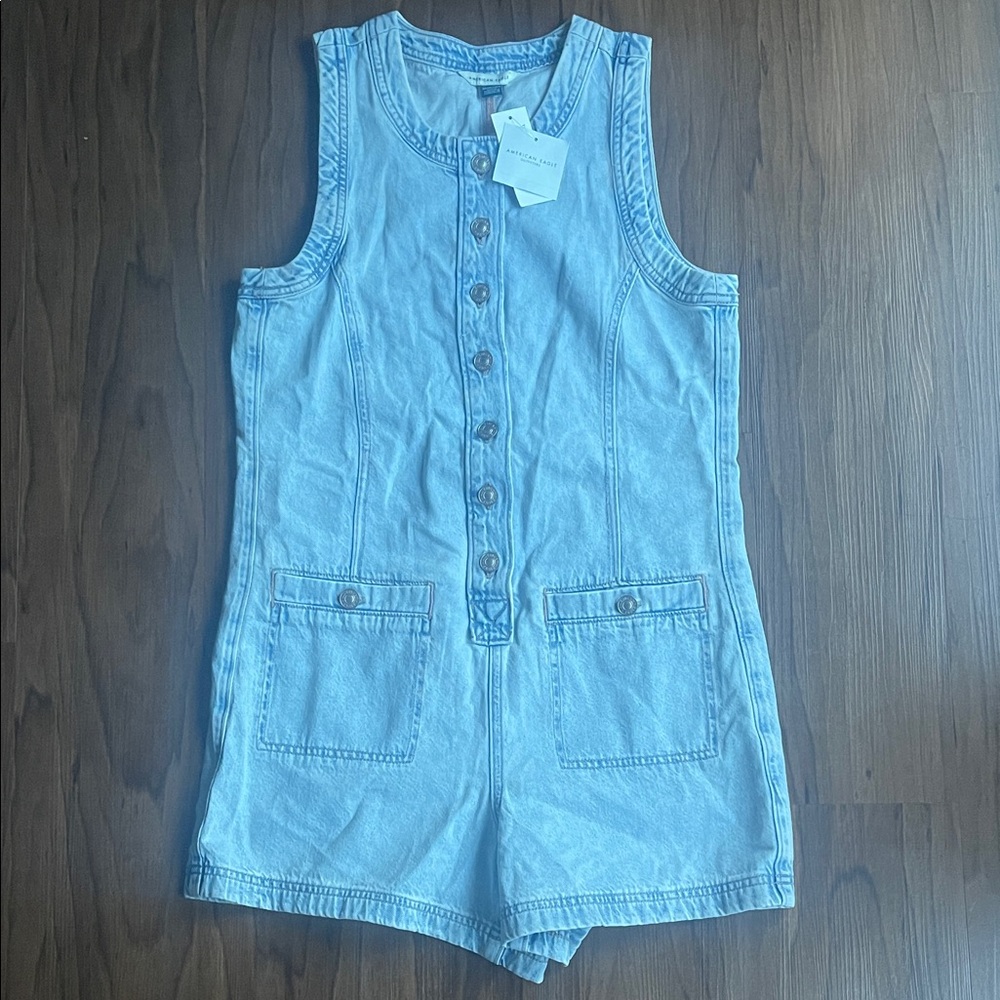 Crew Neck Button Up Denim Romper Size XS - Picture 2 of 5